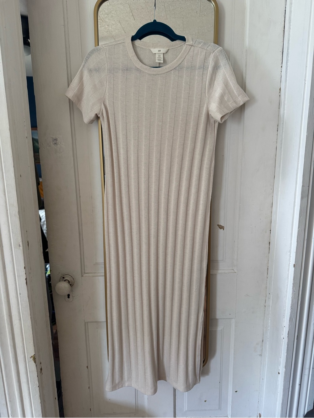 H&M Cream Ribbed Short-Sleeve Maxi Dress